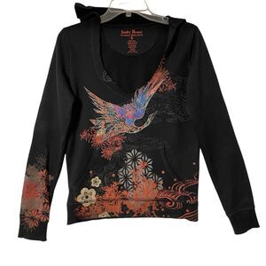 Vintage Lucky Brand Y2K Hoodie Womens S Black V-neck Japanese Asian Tattoo Theme